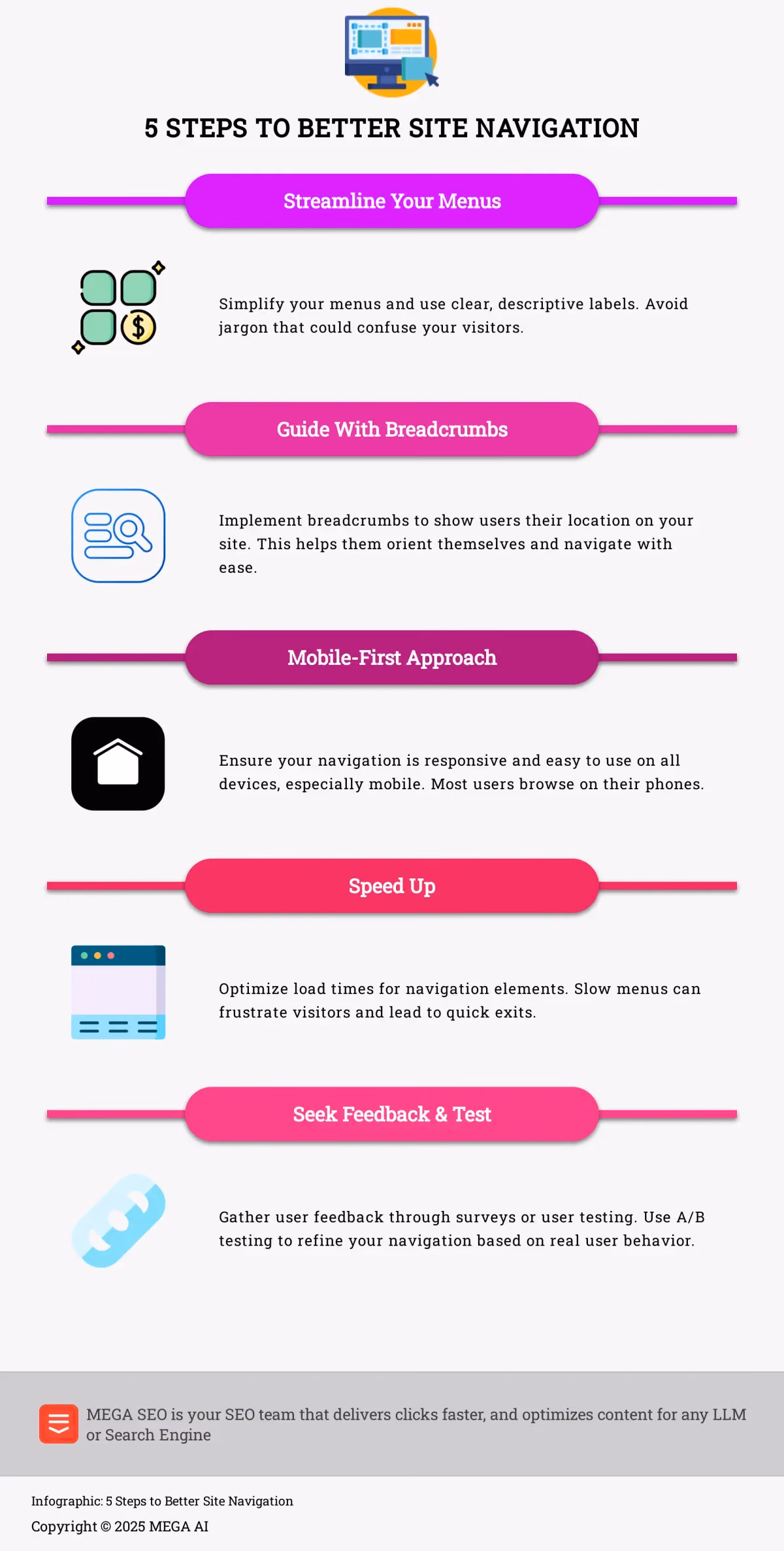 Infographic depicting 5 steps to improve website navigation for a lower bounce rate.