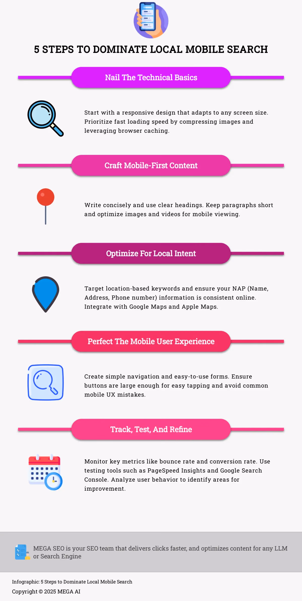 5 Steps to Dominate Local Mobile Search Infographic outlining 5 key steps for local mobile SEO.