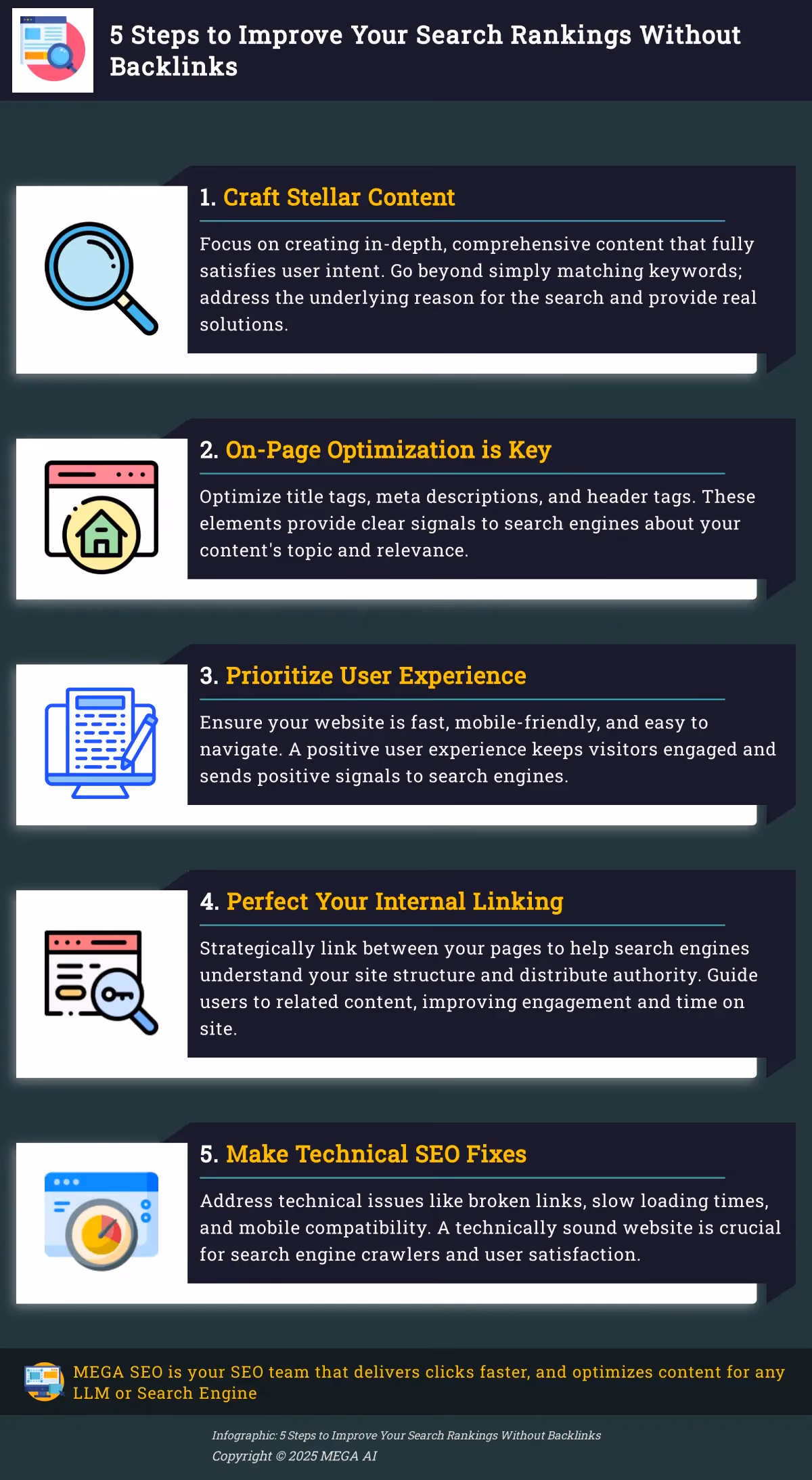 5 Steps to Improve Your Search Rankings Without Backlinks Infographic depicting 5 steps to improve search rankings without backlinks