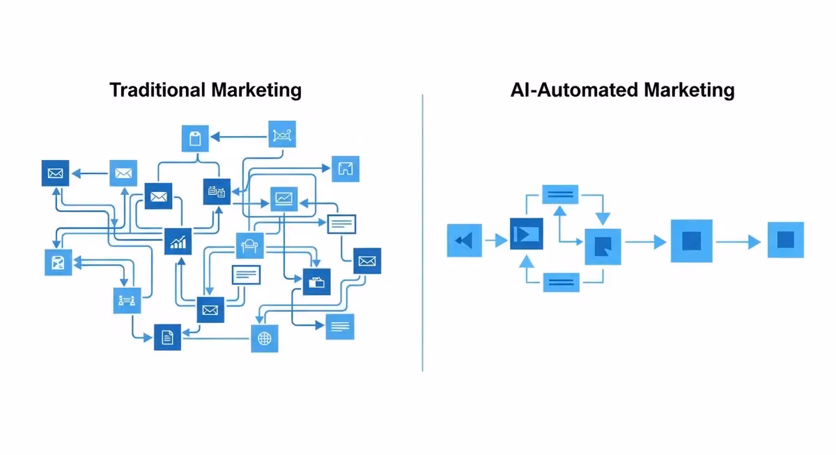 Comparison of traditional marketing workflows versus AI-automated marketing processes