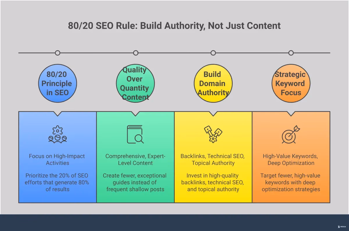 80/20 SEO Rule: Build Authority, Not Just Content Infographic showing the 80/20 SEO rule with four main sections: the 80/20 principle explanation, quality over quantity content strategy, domain authority building tactics, and strategic keyword focus. Uses professional design with charts and icons to illustrate how focusing on high-impact SEO activities generates better results than creating endless content.