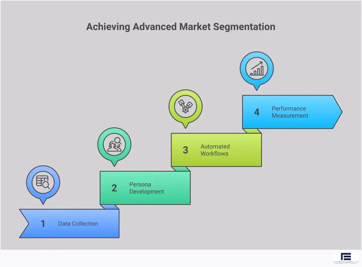 Advanced Market Segmentation Implementation Framework Professional infographic showing a comprehensive market segmentation framework with four main sections: Multi-Dimensional Data Collection Strategy featuring analytics tools and tracking methods, Dynamic Persona Development Process with customer interview workflows, Automated Segmentation Workflows showing trigger-based marketing automation, and Performance Measurement Framework displaying KPI tracking dashboards. Each section includes specific tools, metrics, and implementation steps with connecting arrows showing the cyclical nature of the segmentation process. The design uses a clean, business-focused layout with data visualization elements and tool logos.