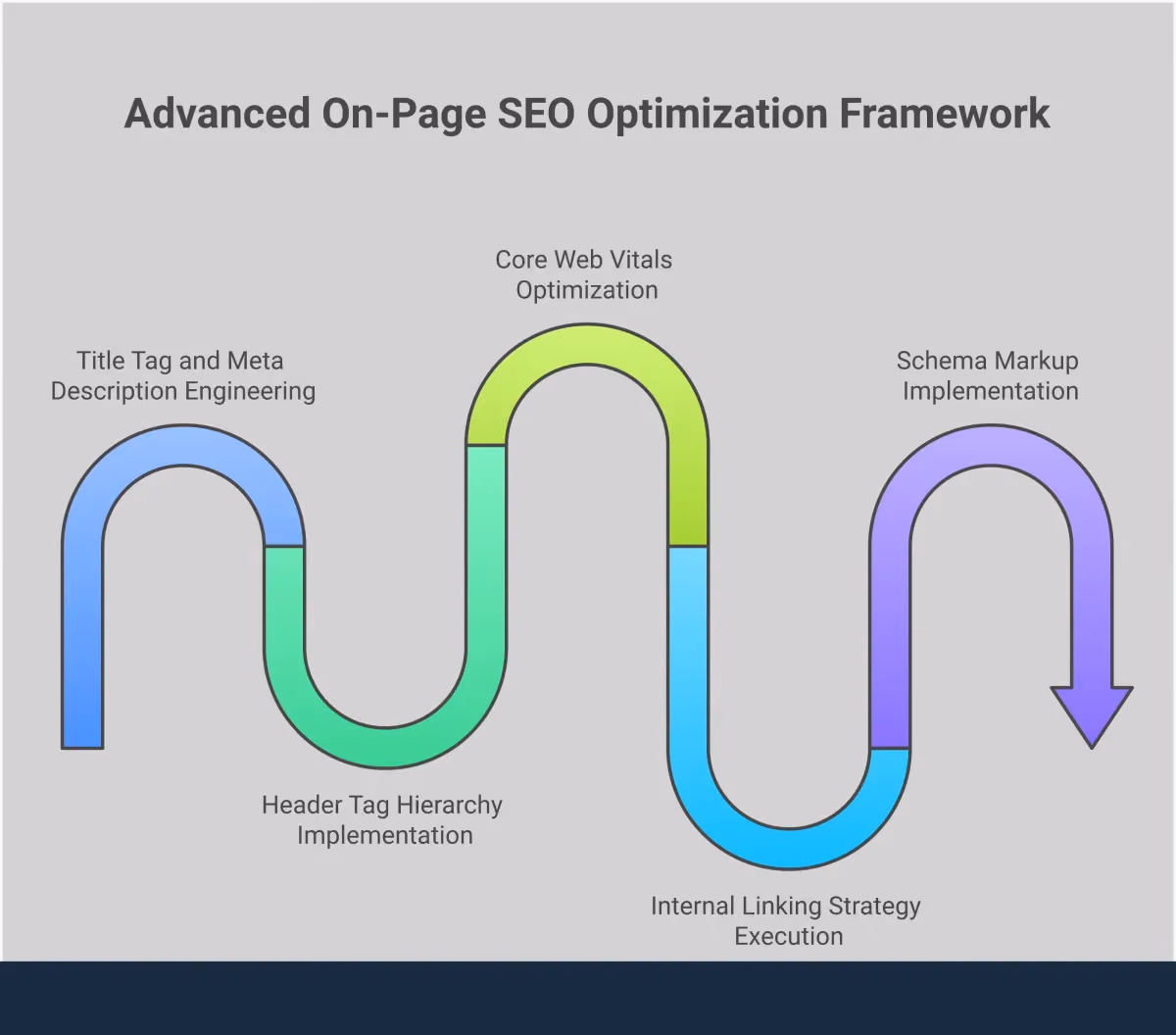 Advanced On-Page SEO Optimization Framework Professional infographic showing advanced on-page SEO optimization techniques including title tag engineering, header hierarchy, Core Web Vitals optimization, internal linking strategies, and schema markup implementation with specific tools, metrics, and actionable steps for improving search engine rankings
