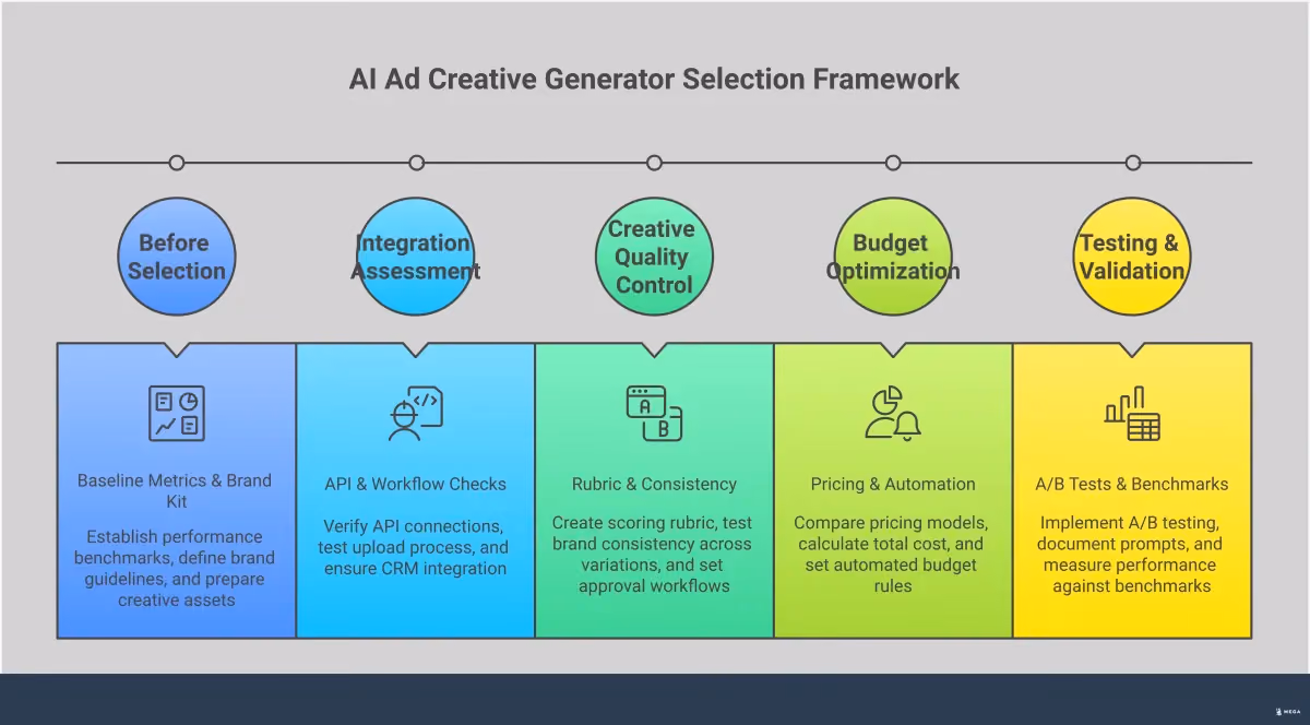 AI Ad Creative Generator Selection Framework Professional infographic showing a strategic framework for evaluating AI ad creative generators. Features five main sections covering performance metrics, integration requirements, quality control, budget optimization, and testing protocols. Each section contains specific tools, benchmarks, and actionable steps for business owners and marketers to systematically evaluate AI advertising platforms. The design uses clean typography and structured layouts to present technical information in an accessible format.