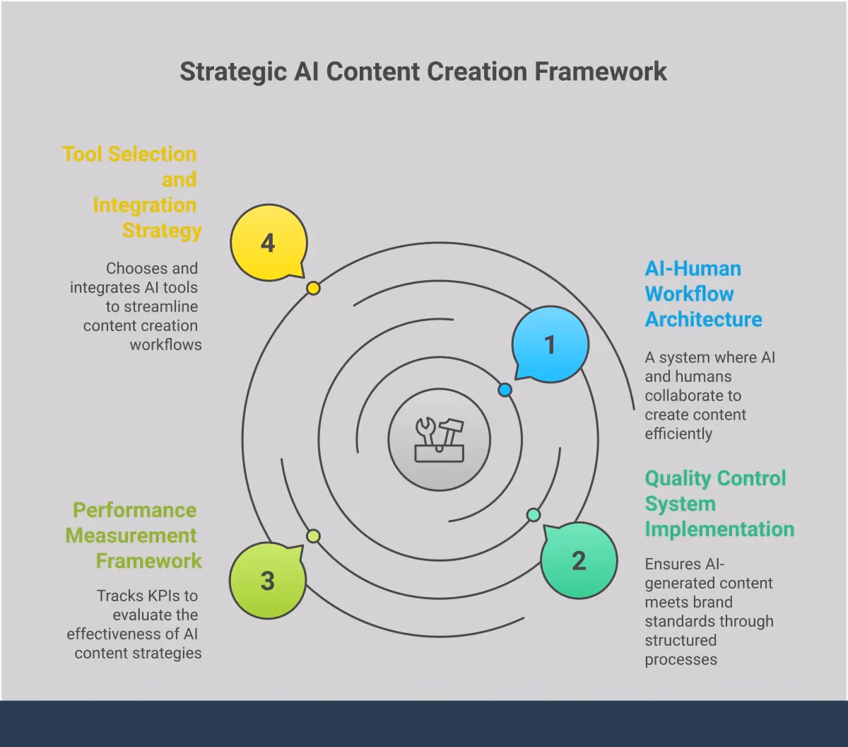 AI Content Creation: Strategic Implementation Framework Professional infographic showing AI content creation framework with four main sections: AI-Human Workflow Architecture displaying the 70-30 task split between AI automation and human creativity, Quality Control System Implementation featuring brand guidelines and review processes, Performance Measurement Framework with KPI tracking and analytics tools, and Tool Selection and Integration Strategy showing platform choices and workflow automation. Each section includes specific metrics, tools, and actionable steps for implementing AI in content creation while maintaining quality and authenticity.