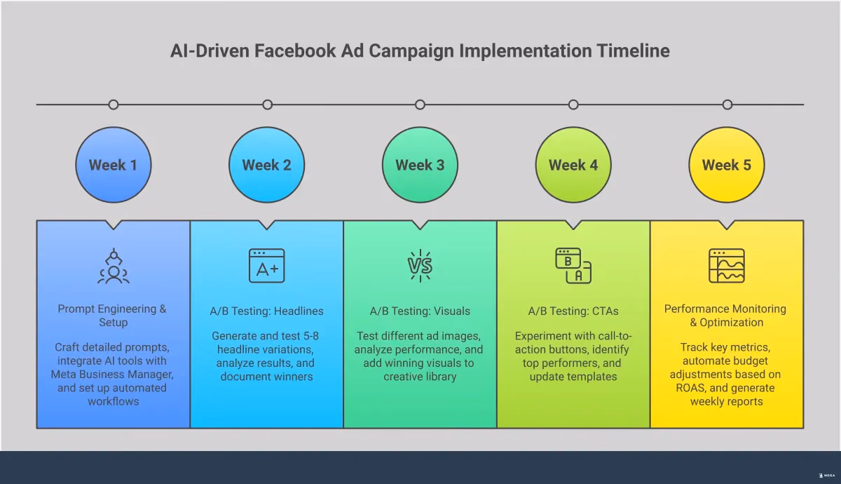 AI Facebook Ad Generator Implementation Guide Professional infographic showing AI Facebook ad generator implementation strategies with four main sections covering prompt engineering, campaign management, A/B testing, and performance optimization. Each section includes specific metrics, tools, and actionable steps for small businesses to improve their advertising workflow and results through strategic AI adoption.