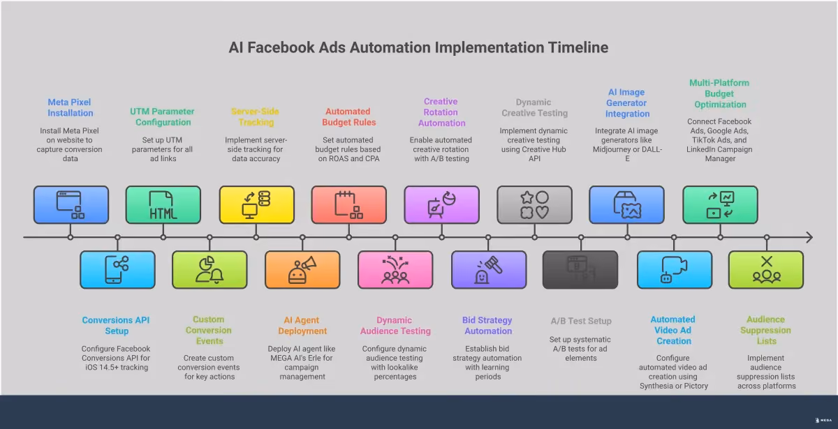 Professional infographic showing AI Facebook ads automation implementation with five main sections covering tracking setup, campaign management, creative testing, budget optimization, and performance monitoring. Each section contains specific tools, metrics, and actionable steps for implementing autonomous AI advertising systems. Visual elements include workflow diagrams, performance charts, and integration icons representing various advertising platforms and AI tools.