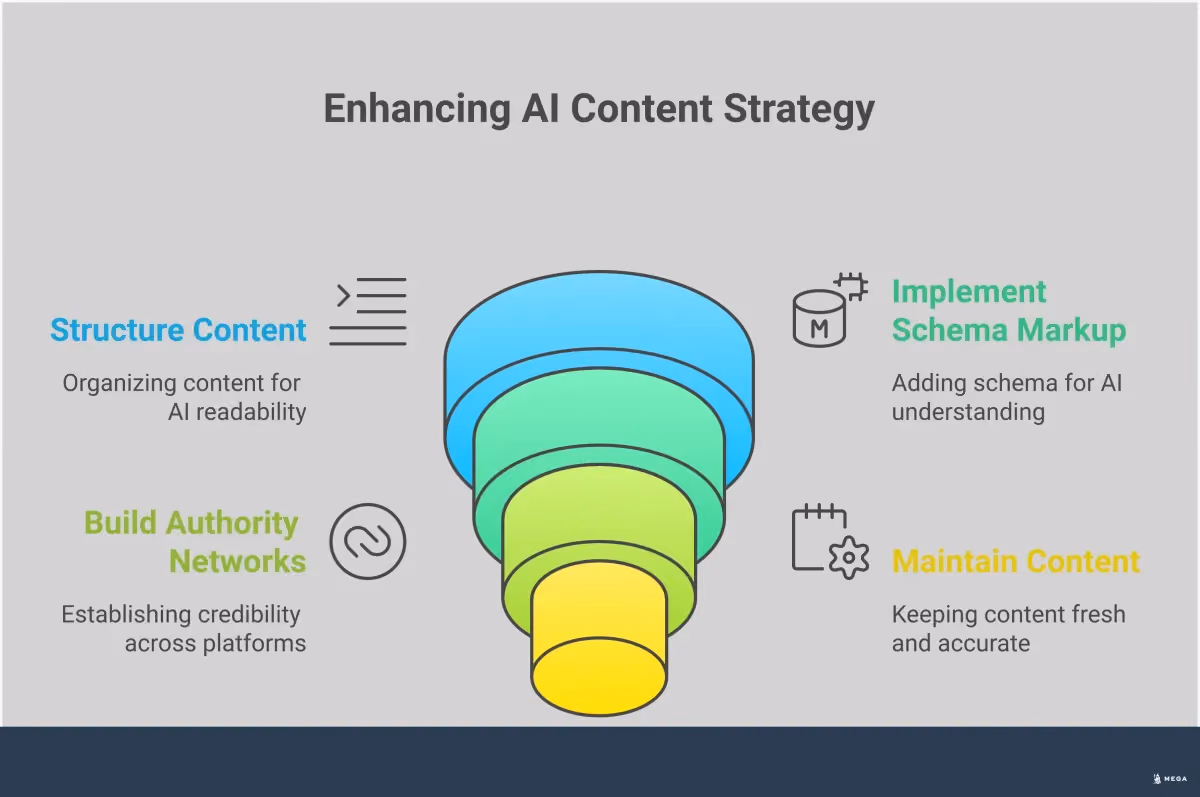 Professional infographic showing AI-first content strategy with four main sections: structured content creation using research report format with clear hierarchies and FAQ sections, schema markup implementation for machine understanding including Organization and Product schemas, cross-platform authority building through industry publications and review sites, and content maintenance workflows with quarterly reviews and freshness signals. Each section includes specific tools, metrics, and actionable steps for optimizing content for AI search engines.