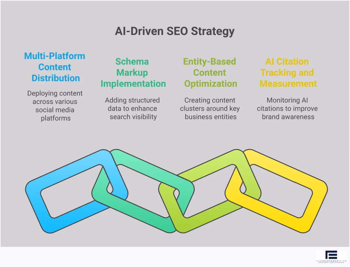 AI-First SEO Strategy: Adapting for Modern Search Professional infographic showing AI-First SEO Strategy with four main sections: Multi-Platform Content Distribution featuring social media icons and engagement metrics, Schema Markup Implementation with code examples and validation tools, Entity-Based Content Optimization displaying topic clusters and pillar page structures, and AI Citation Tracking showing measurement dashboards and analytics. Each section includes specific tools, metrics, and timeframes in a clean, modern design with blue and gray color scheme.