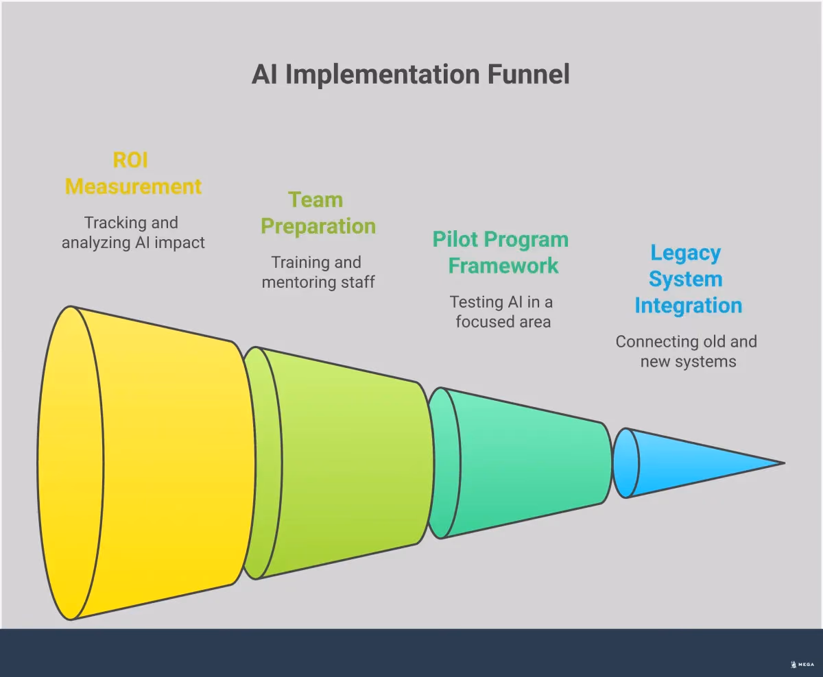 AI Implementation Roadmap for Traditional Businesses Professional infographic showing a four-step AI implementation roadmap for traditional businesses. The design features clean sections covering legacy system integration, pilot program setup, team preparation, and ROI measurement strategies. Each section includes specific tools, metrics, and actionable steps with professional icons and data visualization elements. The color scheme uses business-appropriate blues and grays with clear typography and structured layout for easy comprehension.