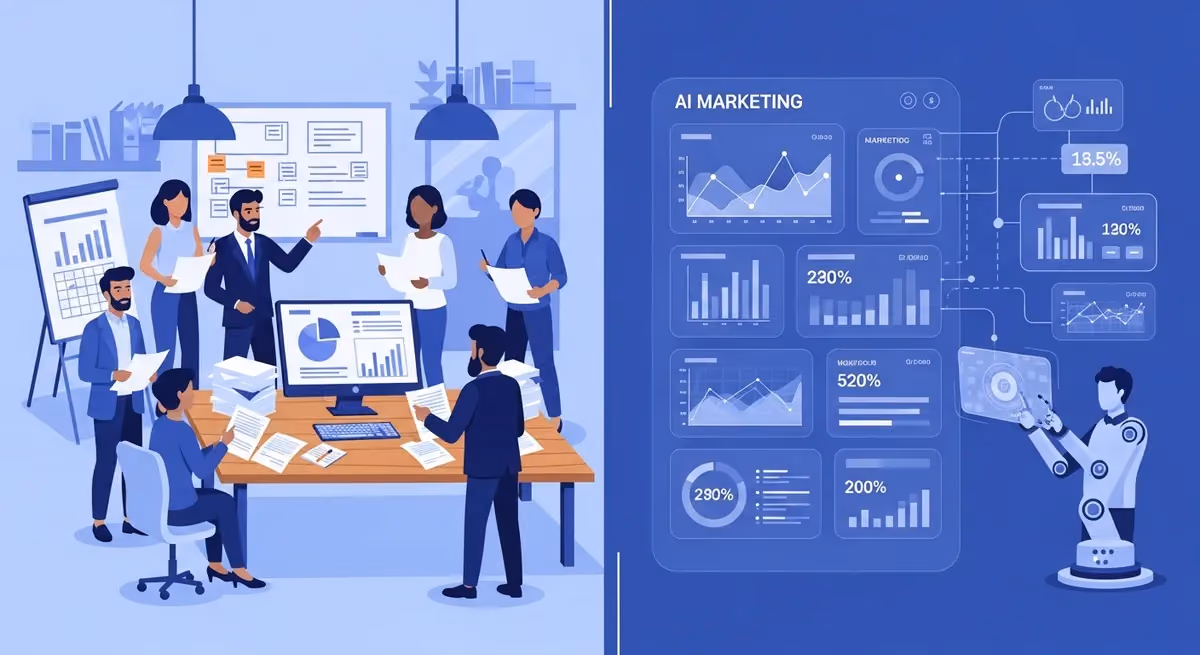 Comparison between traditional marketing agency and AI marketing platform showing different approaches