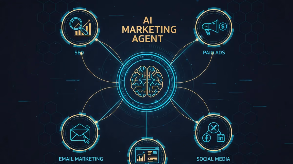 AI marketing agent hub connecting SEO, paid ads, email, social media, and analytics channels