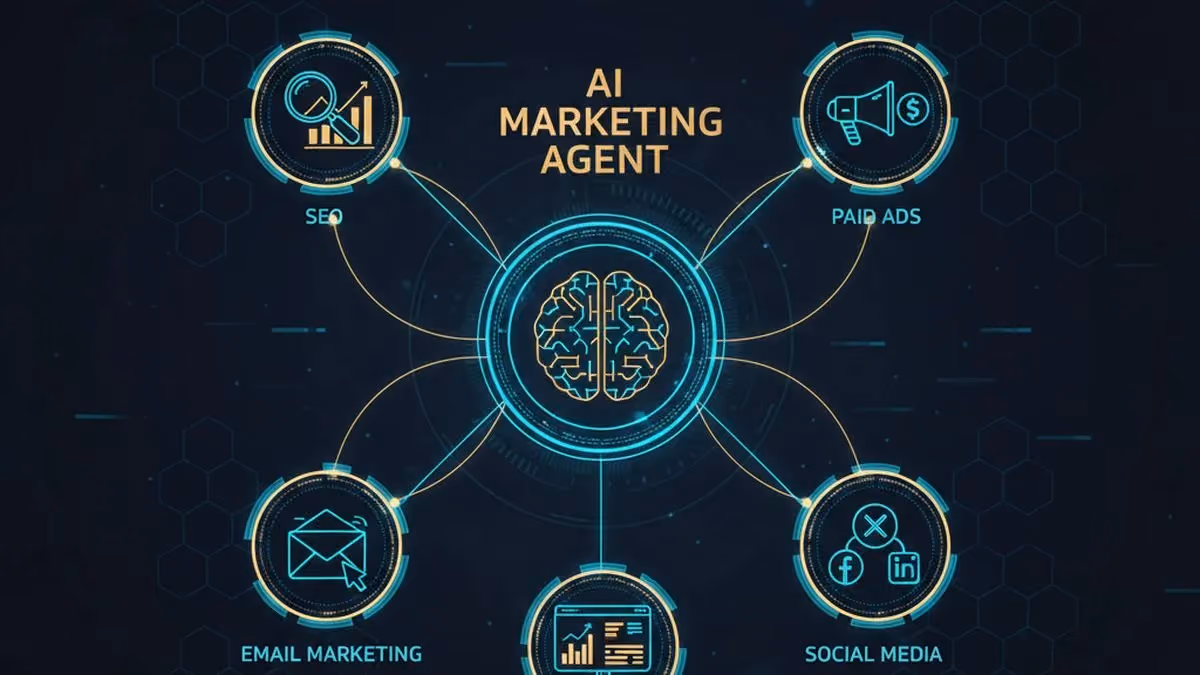 AI marketing agent hub connecting SEO, paid ads, email, social media, and analytics channels