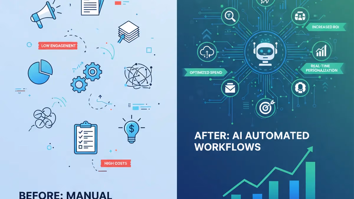 Business impact of AI marketing agents showing streamlined automated workflows and rising metrics