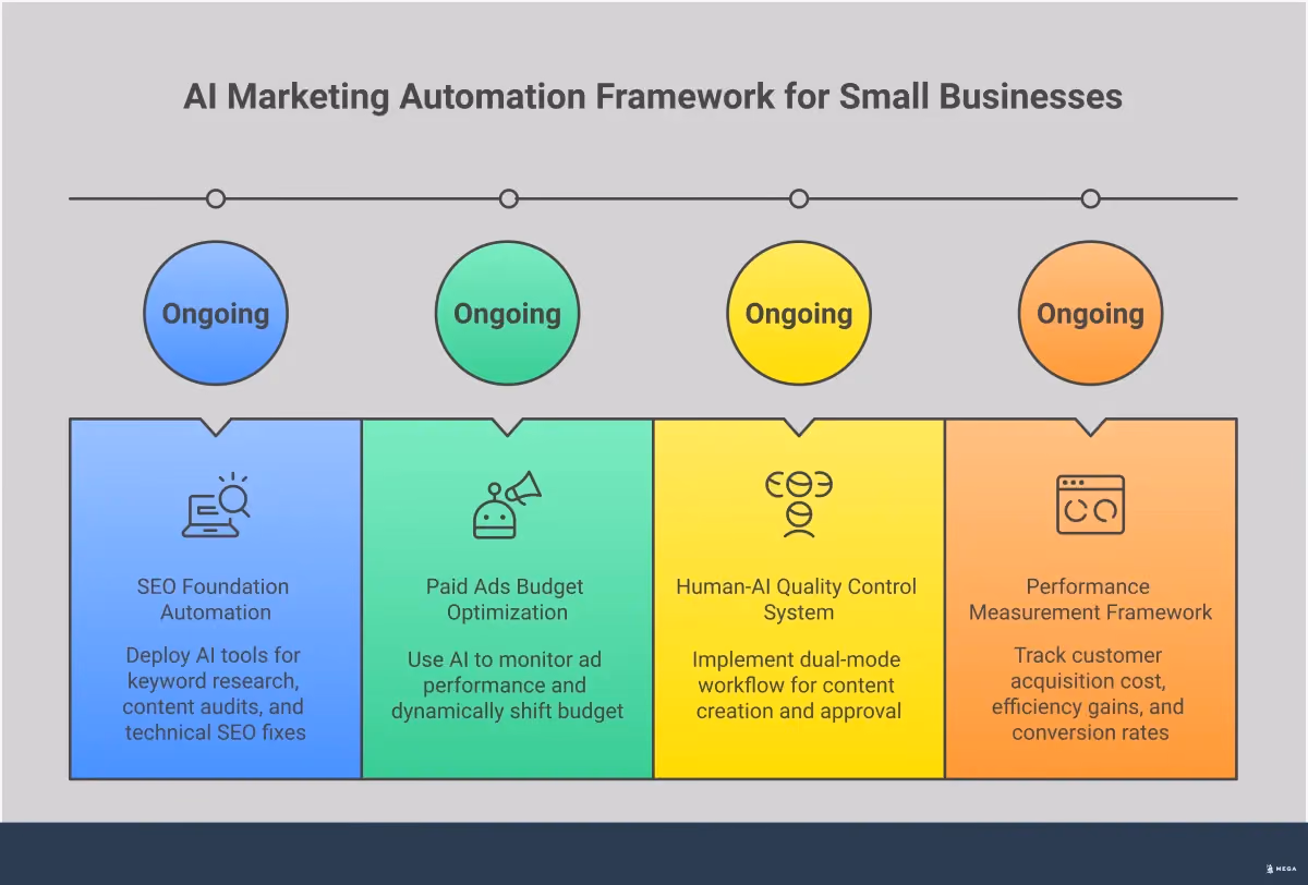 AI Marketing Automation Framework for Small Businesses Professional infographic showing AI marketing automation framework for small businesses, featuring four main sections: SEO Foundation Automation with technical optimization workflows, Paid Ads Budget Optimization showing real-time campaign management, Human-AI Quality Control System illustrating approval processes, and Performance Measurement Framework displaying key business metrics and reporting dashboards