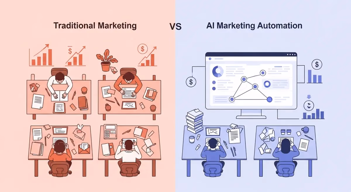 Comparison between traditional marketing agency and AI-powered marketing automation showing cost and efficiency differences