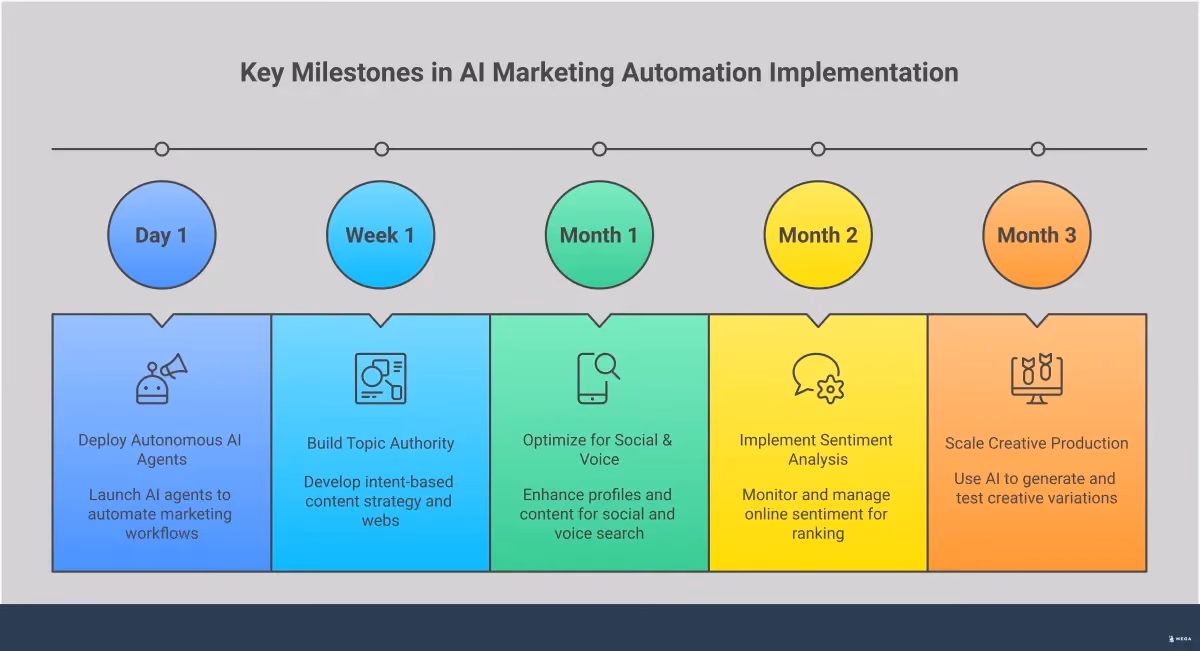 AI Marketing Automation: Small Business Implementation Guide Professional infographic showing AI marketing automation implementation for small businesses. Features five main sections covering autonomous AI agents, topic-based content strategy, social and voice search optimization, sentiment analysis for rankings, and AI-driven creative testing. Each section includes specific tools, metrics, and actionable steps with clean, modern design elements and data visualization showing the transformation from manual marketing tasks to automated, intelligent systems.
