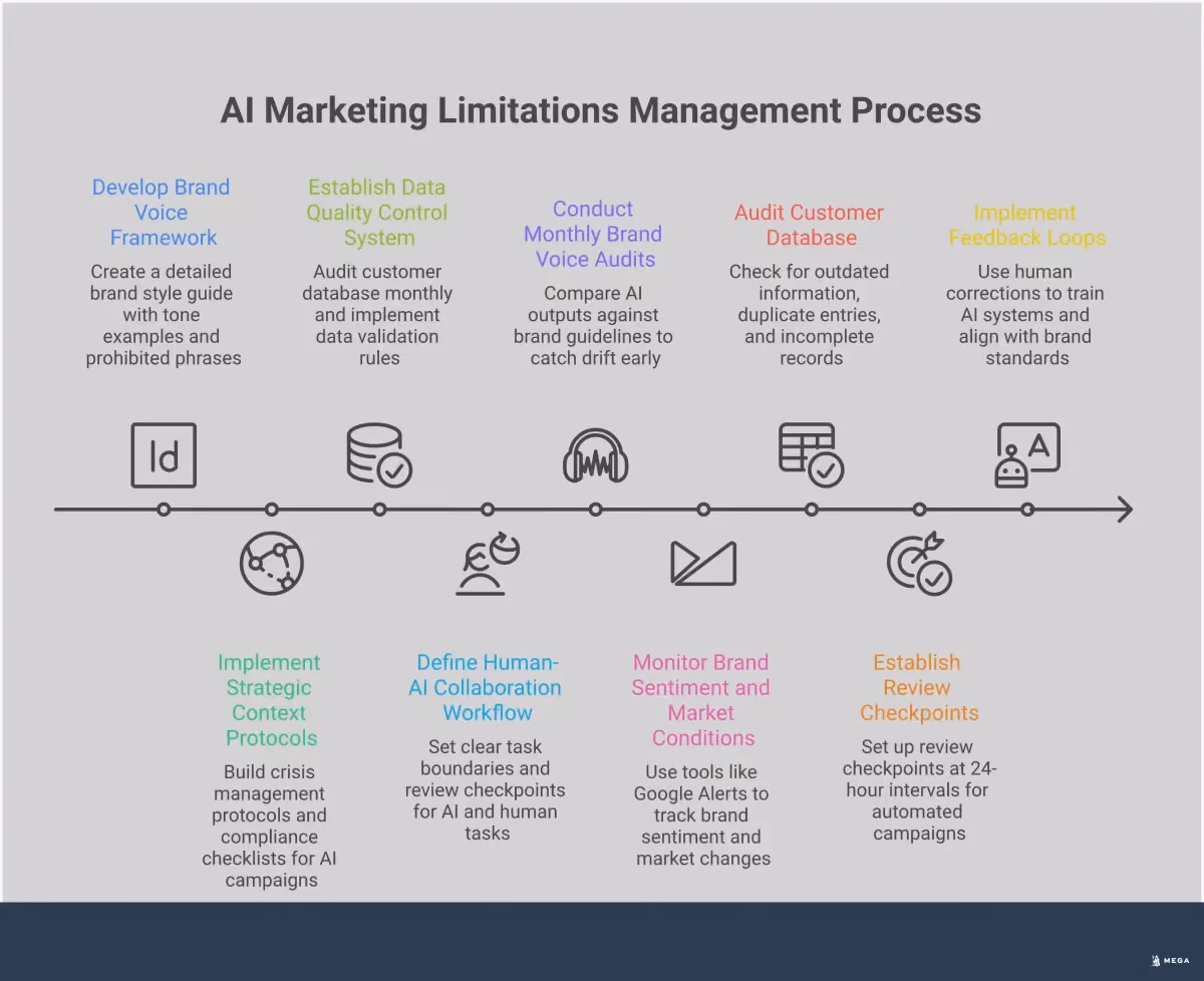 AI Marketing Limitations: Critical Blind Spots to Avoid Professional infographic showing AI marketing limitations with four main sections: Brand Voice Consistency Framework showing style guides and approval workflows, Strategic Context Implementation displaying crisis protocols and compliance checklists, Data Quality Control System illustrating database auditing and validation processes, and Human-AI Collaboration Workflow demonstrating task boundaries and review checkpoints. Each section includes specific tools, timeframes, and actionable steps for implementing AI safely while maintaining brand integrity and strategic oversight.