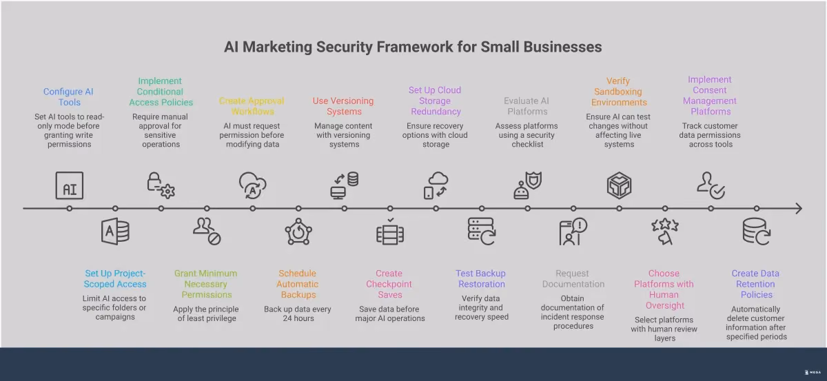 AI Marketing Security Framework for Small Businesses Professional infographic showing AI marketing security framework with five main sections: Permission Framework Implementation featuring read-only mode settings and approval workflows, Automated Backup Protocols with cloud storage and versioning systems, Vendor Security Assessment including compliance certifications and audit trails, Customer Data Privacy Controls with consent management and tokenization, and Performance Monitoring Dashboard with real-time alerts and quality benchmarks. Each section includes specific tools, timeframes, and security measures for small businesses implementing AI marketing automation safely.