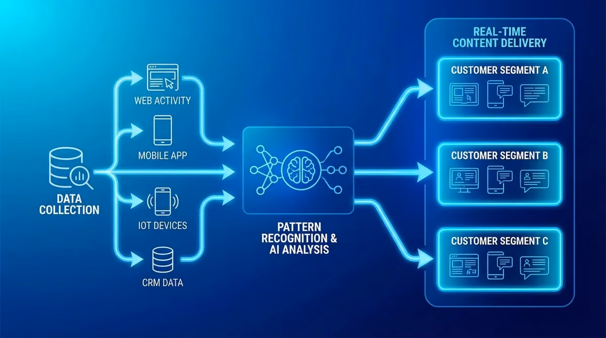 AI personalization workflow showing data collection pattern recognition and real-time content delivery