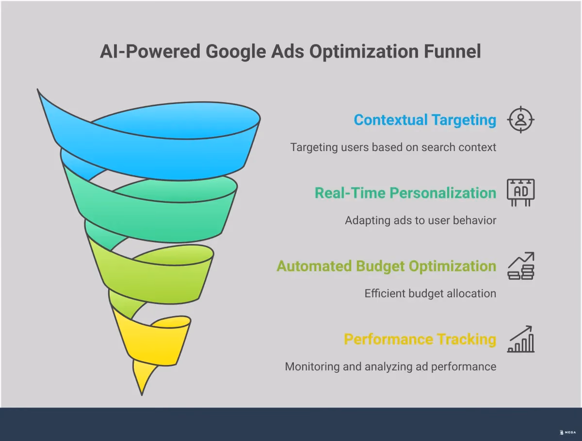AI-Powered Google Ads Strategy for Small Business Success Professional infographic showing AI-powered Google Ads strategy for small businesses, featuring four main sections: context-based targeting with search query examples, real-time ad personalization setup with dynamic content flows, automated budget optimization framework with bidding strategy diagrams, and performance tracking metrics with analytics dashboards. Each section includes specific tools, numbers, and actionable implementation steps in a clean, modern design with blue and gray color scheme.