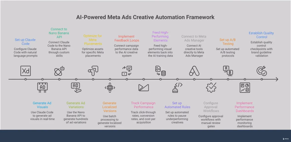 Professional infographic showing AI-powered Meta Ads creative automation framework with four main sections: Claude Code interactive design process with real-time feedback loops, Nano Banana API bulk variation generation showing multiple ad formats, performance-based AI training system with data flow diagrams, and end-to-end automation workflow setup with approval gates and quality control checkpoints. Each section includes specific tools, metrics, and implementation steps for transforming manual creative processes into automated systems.
