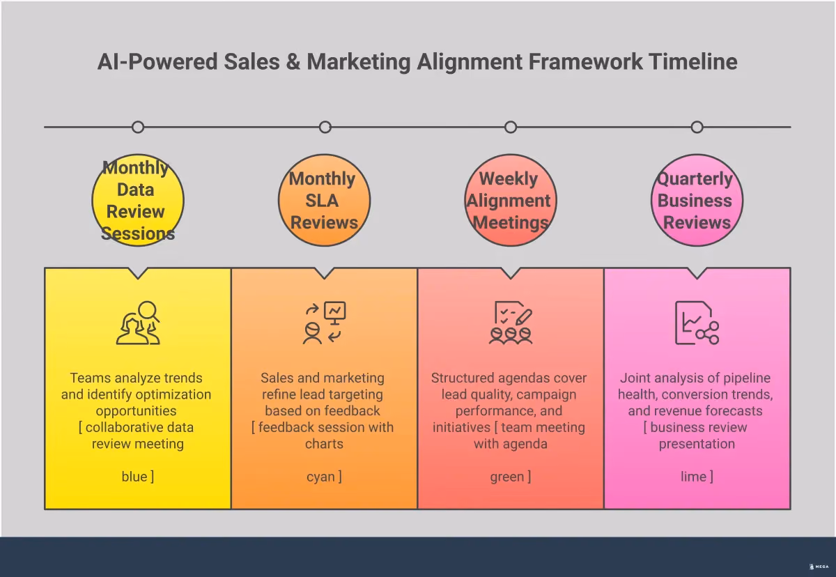 AI-Powered Sales & Marketing Alignment Framework Professional infographic showing a four-step framework for aligning sales and marketing teams using AI and data-driven processes. Features automated lead qualification workflows, unified dashboard mockups, SLA documentation templates, and communication protocol diagrams. Uses clean blue and gray color scheme with icons representing automation, data integration, agreements, and team collaboration.