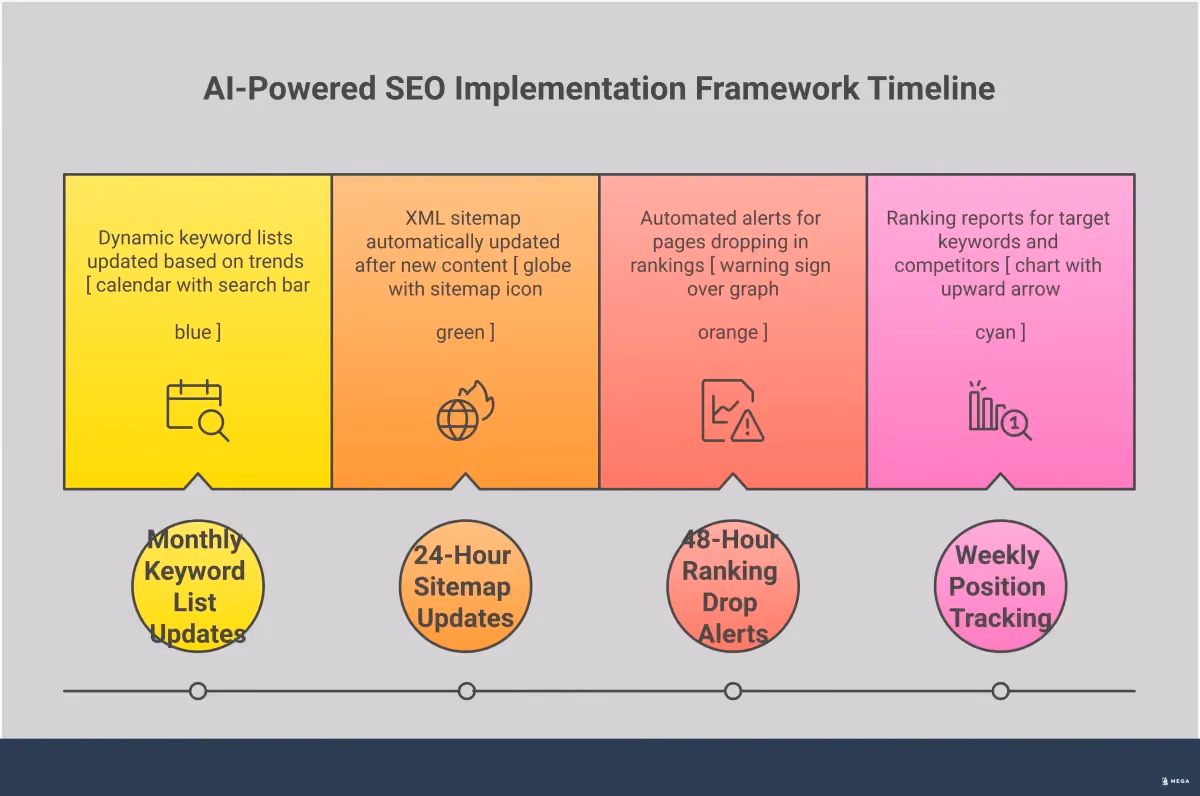 AI-Powered SEO Package Implementation Framework Professional infographic showing AI-powered SEO package implementation with four main sections: AI keyword research showing semantic clustering and competitor analysis, automated content optimization with performance monitoring, technical SEO automation framework with Core Web Vitals tracking, and performance measurement dashboard with conversion tracking. Each section includes specific tools, metrics, and automation processes for modern search engine optimization.