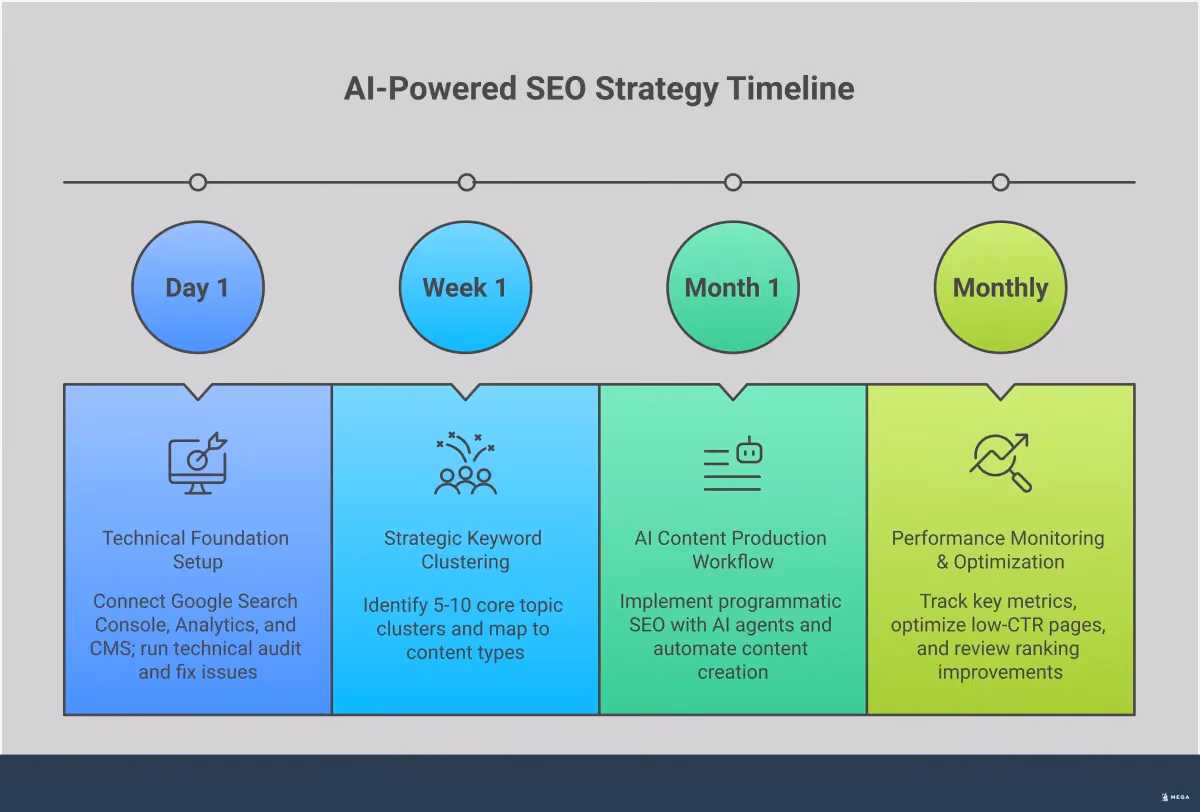 AI-Powered SEO Strategy: From Setup to Automation Comprehensive infographic showing a four-step AI-powered SEO strategy process. Step 1 displays technical foundation setup with Google Search Console integration, mobile performance metrics, and Core Web Vitals standards. Step 2 illustrates keyword clustering methodology with topic grouping examples and search intent mapping. Step 3 shows AI content workflow automation including brand voice configuration and publishing options. Step 4 presents performance monitoring dashboard with key metrics tracking and optimization opportunities. Each section includes specific tools, metrics, and actionable implementation steps for small businesses.