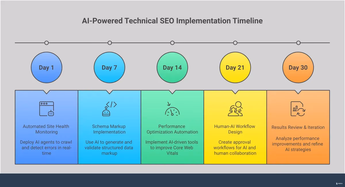 AI-Powered Technical SEO Implementation Guide Professional infographic showing AI-powered technical SEO implementation with four main sections: automated site health monitoring with continuous crawling and error detection, schema markup implementation strategy with structured data generation, performance optimization automation including Core Web Vitals improvements, and strategic human-AI workflow design with approval processes. Each section includes specific tools, metrics, and actionable steps for implementing AI in technical SEO workflows.