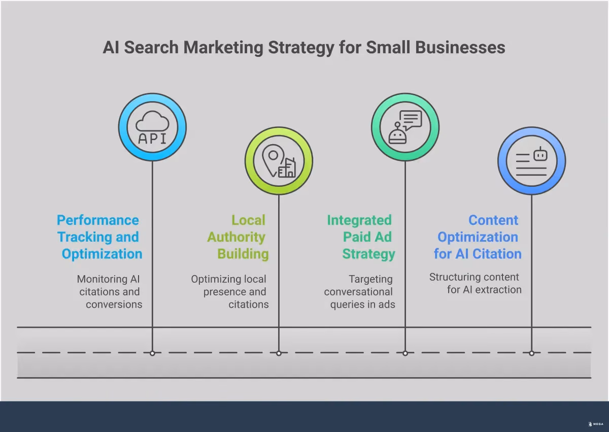 AI Search Marketing Strategy for Small Businesses Professional infographic showing AI search marketing strategy for small businesses, featuring four main sections: Content Optimization for AI Citation with structured article examples, Integrated Paid Ad Strategy showing conversational query targeting, Local Authority Building with Google Business Profile optimization steps, and Performance Tracking with AI visibility monitoring tools. The design uses clean typography and organized visual elements to present actionable marketing tactics for the new era of AI-powered search results.