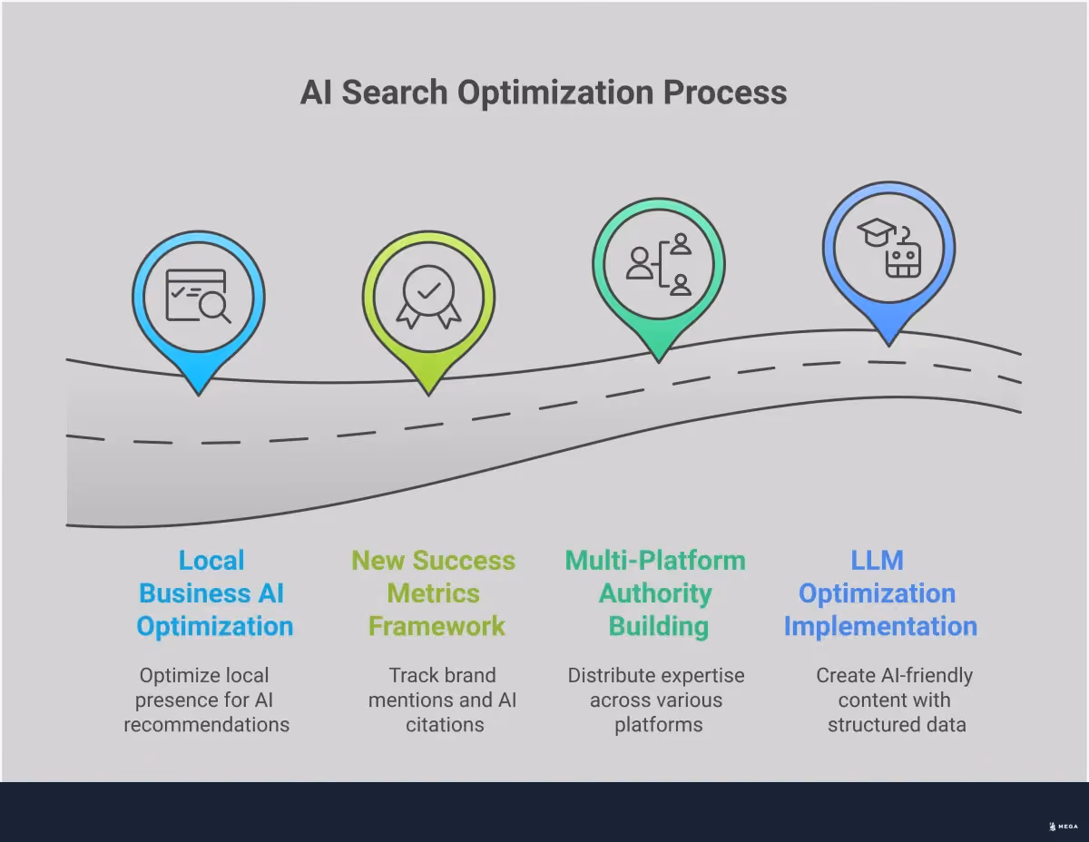 AI Search Optimization: Beyond Traditional SEO Professional infographic showing AI search optimization strategies including LLM optimization techniques, multi-platform authority building across YouTube and LinkedIn, new success metrics beyond traffic, and local business optimization for AI recommendations. Features structured sections with actionable steps, specific tools, and concrete examples for adapting to AI-driven search landscape.