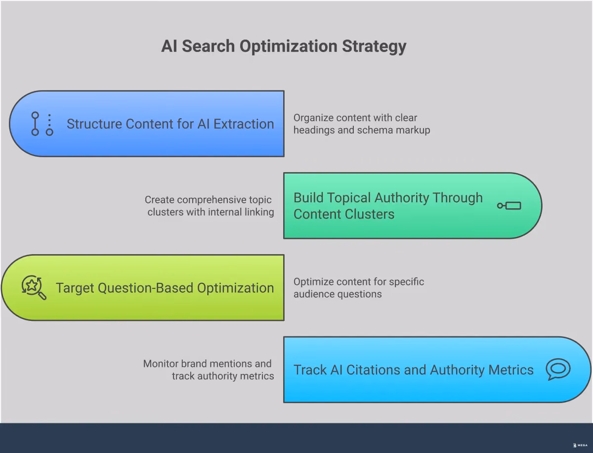 AI Search Optimization: Your Complete Strategy Guide Professional infographic showing AI search optimization strategy with four main sections: content structuring with headings and schema markup, building topical authority through content clusters, targeting question-based queries from People Also Ask sections, and tracking AI citations with specialized monitoring tools. Each section includes specific statistics and actionable steps for businesses to implement AI-focused SEO strategies.