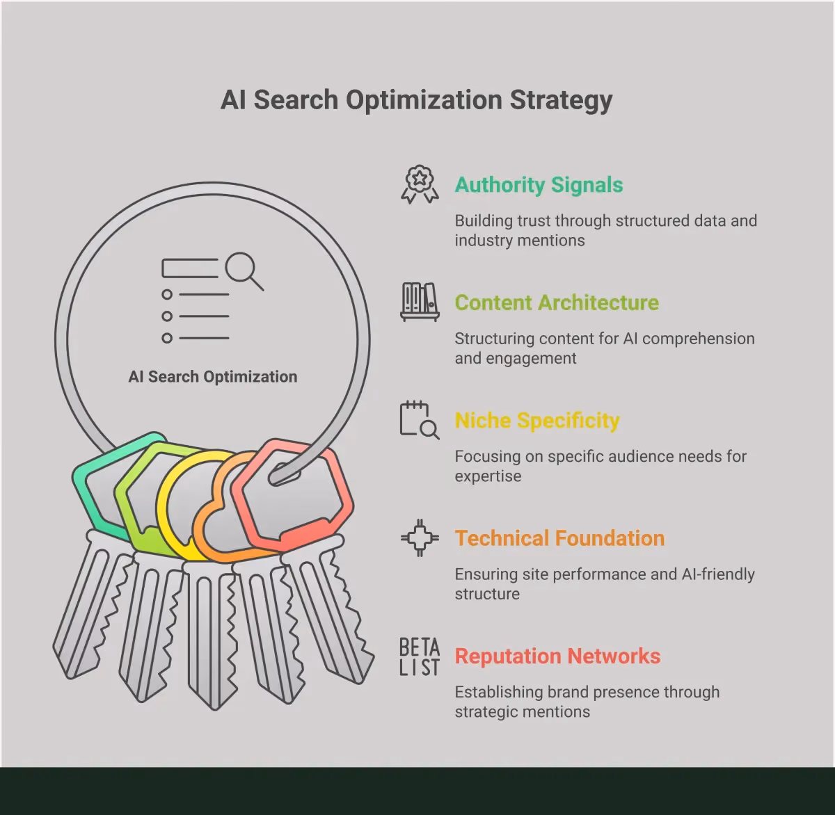AI Search Optimization: Your Complete Strategy Guide Professional infographic showing AI search optimization strategy with five main sections covering authority building, content architecture, niche specificity, technical optimization, and reputation networks. Each section contains specific tools, metrics, and actionable steps for implementing AI-focused SEO strategies. The design uses clean typography and structured layouts to present complex SEO concepts in an easily digestible visual format.