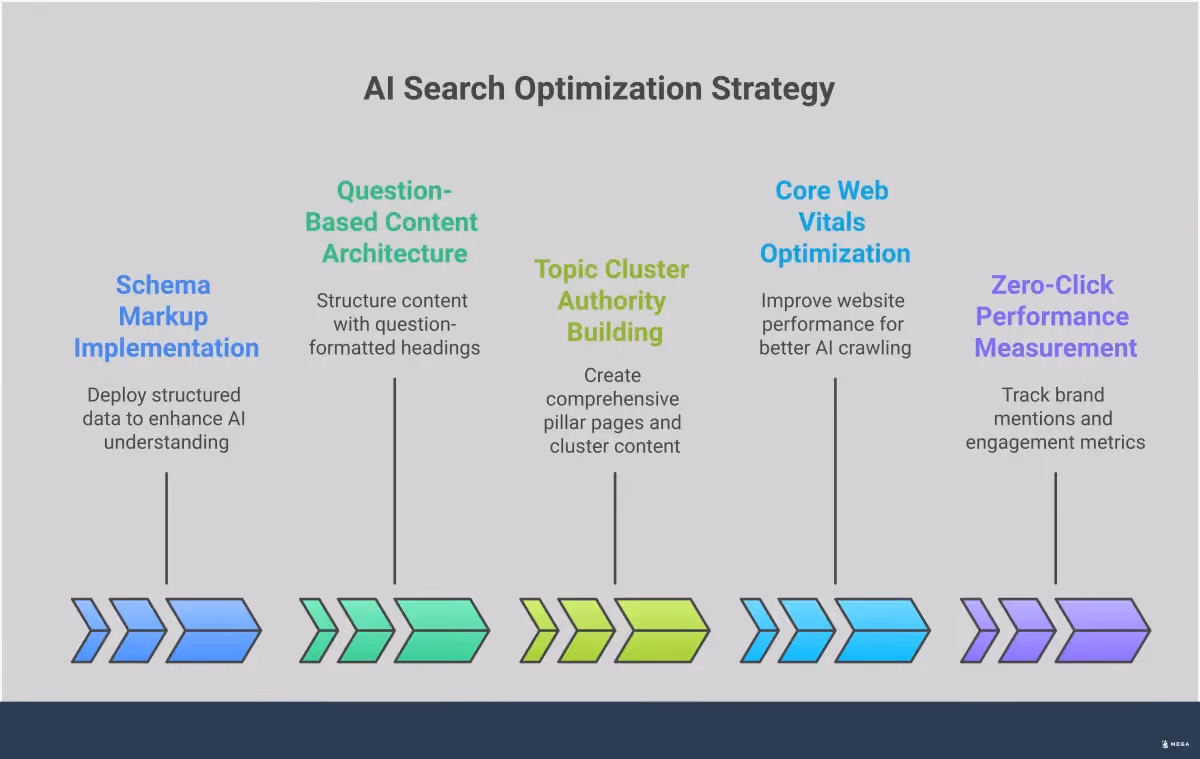 AI Search Optimization: Your Content Strategy Playbook Professional infographic showing AI search optimization strategies including schema markup implementation with code examples, question-based content structure with heading hierarchy, topic cluster diagrams showing pillar pages connected to cluster content, Core Web Vitals performance metrics with specific thresholds, and zero-click measurement dashboard displaying brand mentions and engagement metrics. The design uses clean typography and organized sections with actionable steps for each optimization technique.