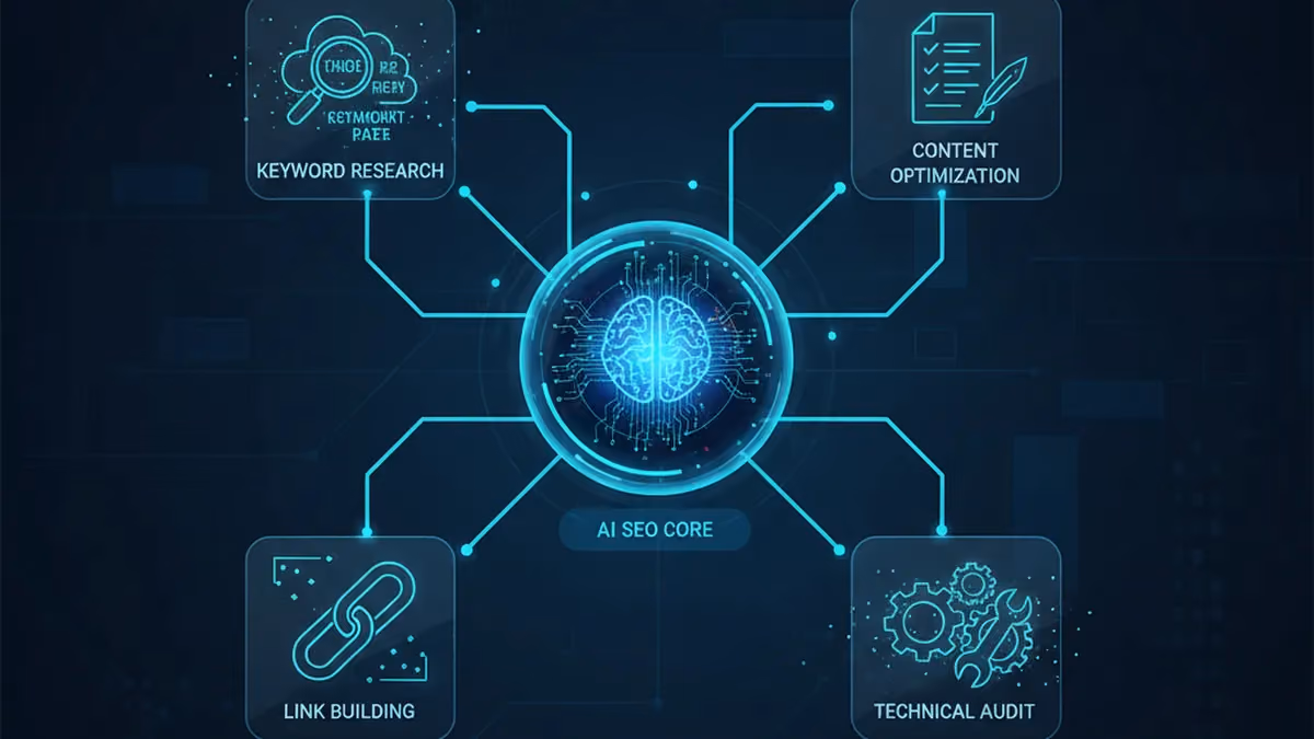AI SEO agent workflow showing automated keyword research, content optimization, and technical audits