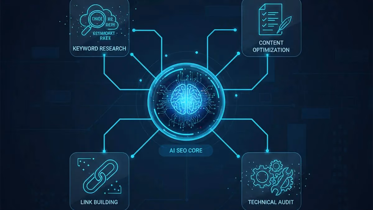 AI SEO agent workflow showing automated keyword research, content optimization, and technical audits