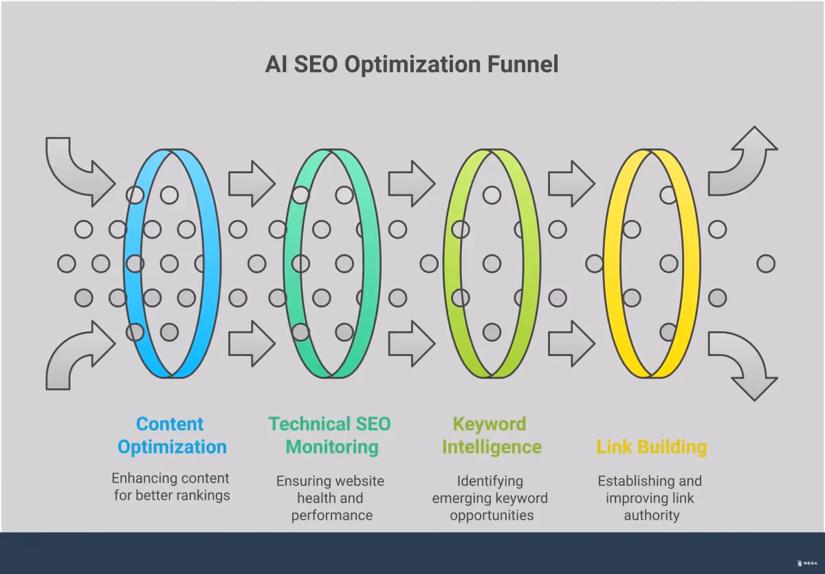 AI SEO Agents: From Analysis to Autonomous Action Professional infographic showing AI SEO agents transforming search optimization through automated content updates, technical monitoring, predictive keyword research, and autonomous link building. Features workflow diagrams, performance metrics, and specific implementation examples for each optimization category.