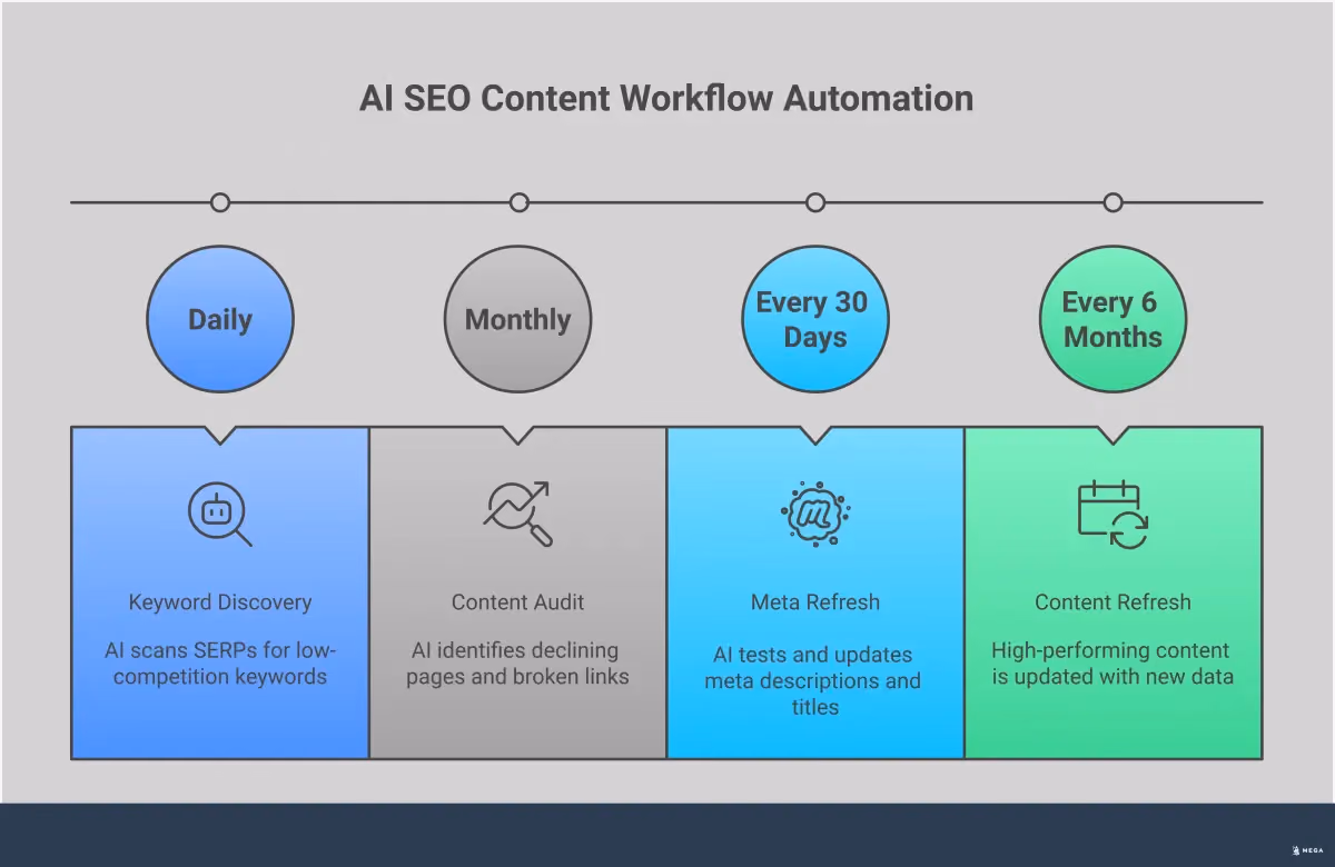 AI SEO Content Tools: From Manual Tasks to Autonomous Agents Professional infographic showing the evolution from manual SEO content creation to AI-powered autonomous agents. Features five main sections with specific implementation strategies: automated keyword discovery with competitor analysis, quality control frameworks with three-tier review processes, workflow integration showing CMS automation, performance monitoring with real-time tracking tools, and team-based tool selection criteria. Each section includes concrete metrics, specific tool recommendations, and actionable steps for implementation. The design uses a clean, modern layout with data visualization elements and process flow diagrams.