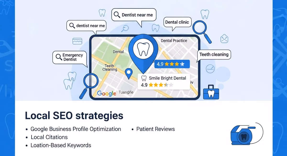 Local SEO for dental practices showing Google Maps rankings and patient search visibility