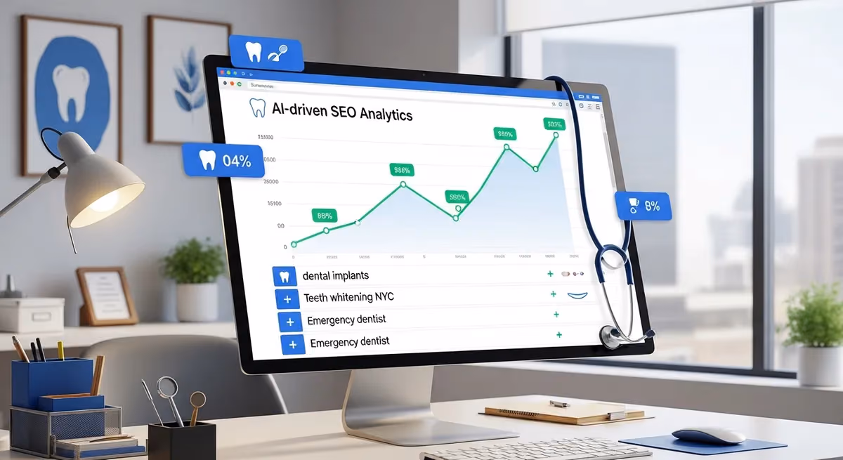 AI-driven SEO analytics for dental practice website with rising search rankings