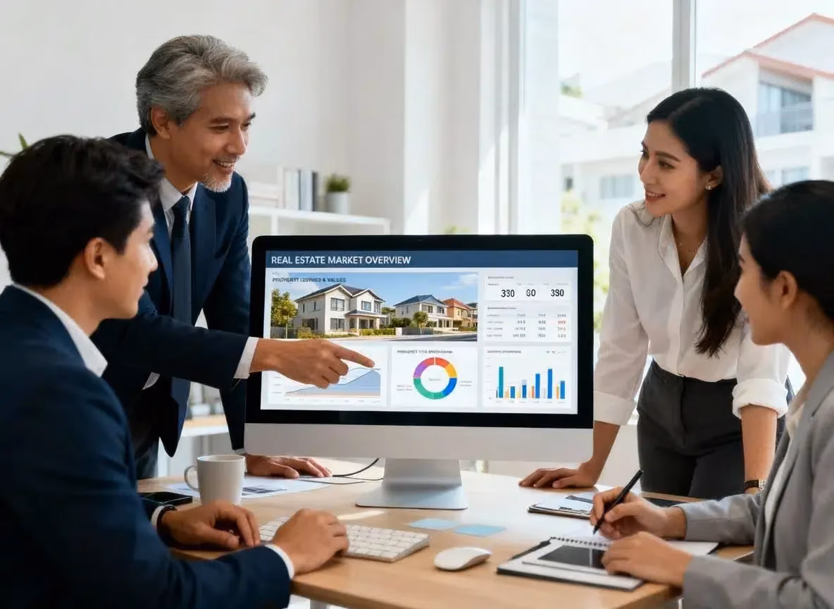 Real estate professional analyzing AI-powered SEO data and property marketing analytics