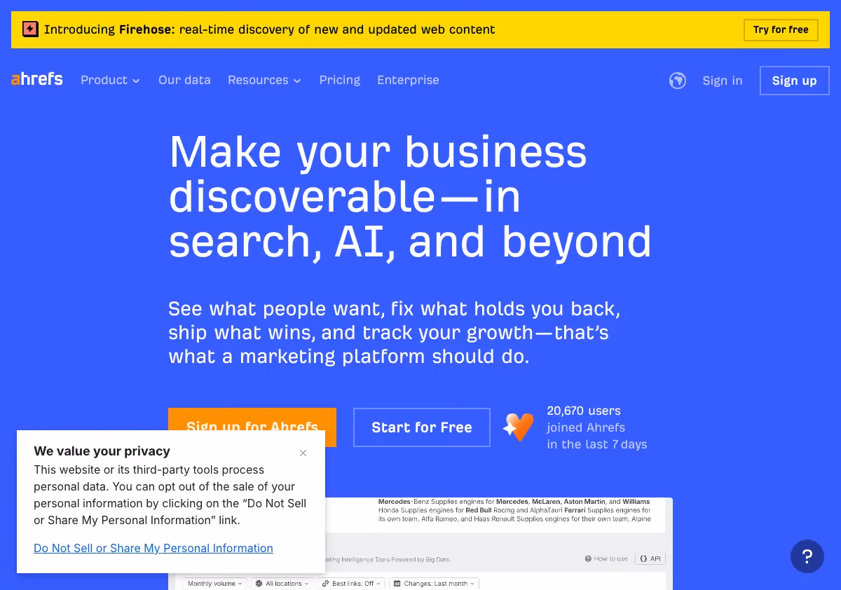 Ahrefs homepage screenshot showing AI SEO marketing platform