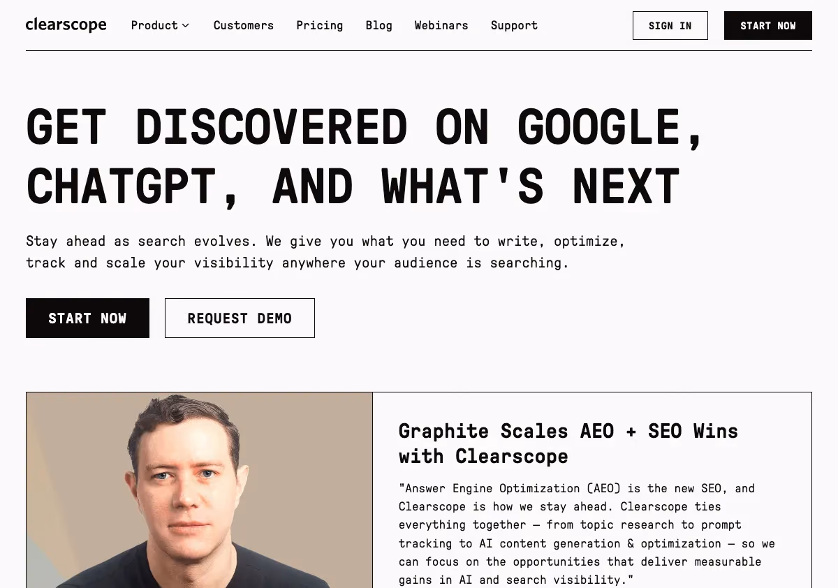 Clearscope homepage screenshot showing content optimization software