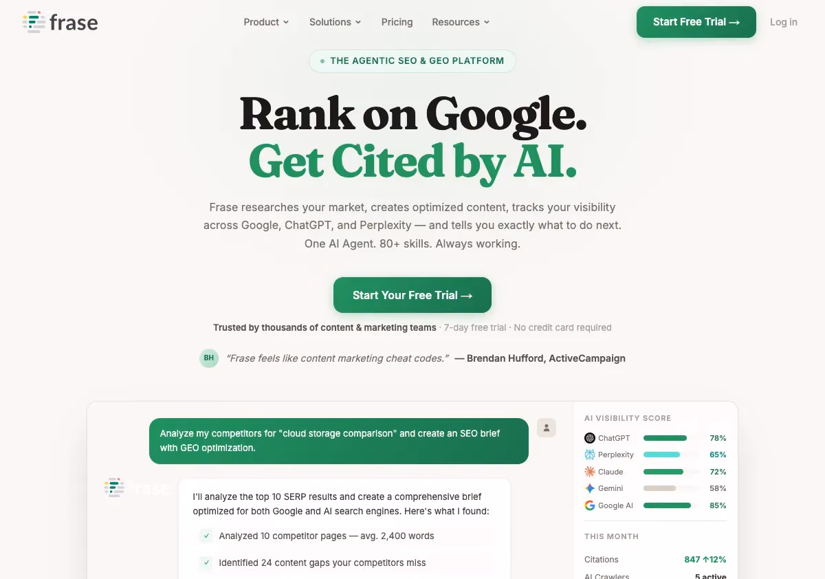 Frase homepage screenshot showing AI SEO and content brief platform