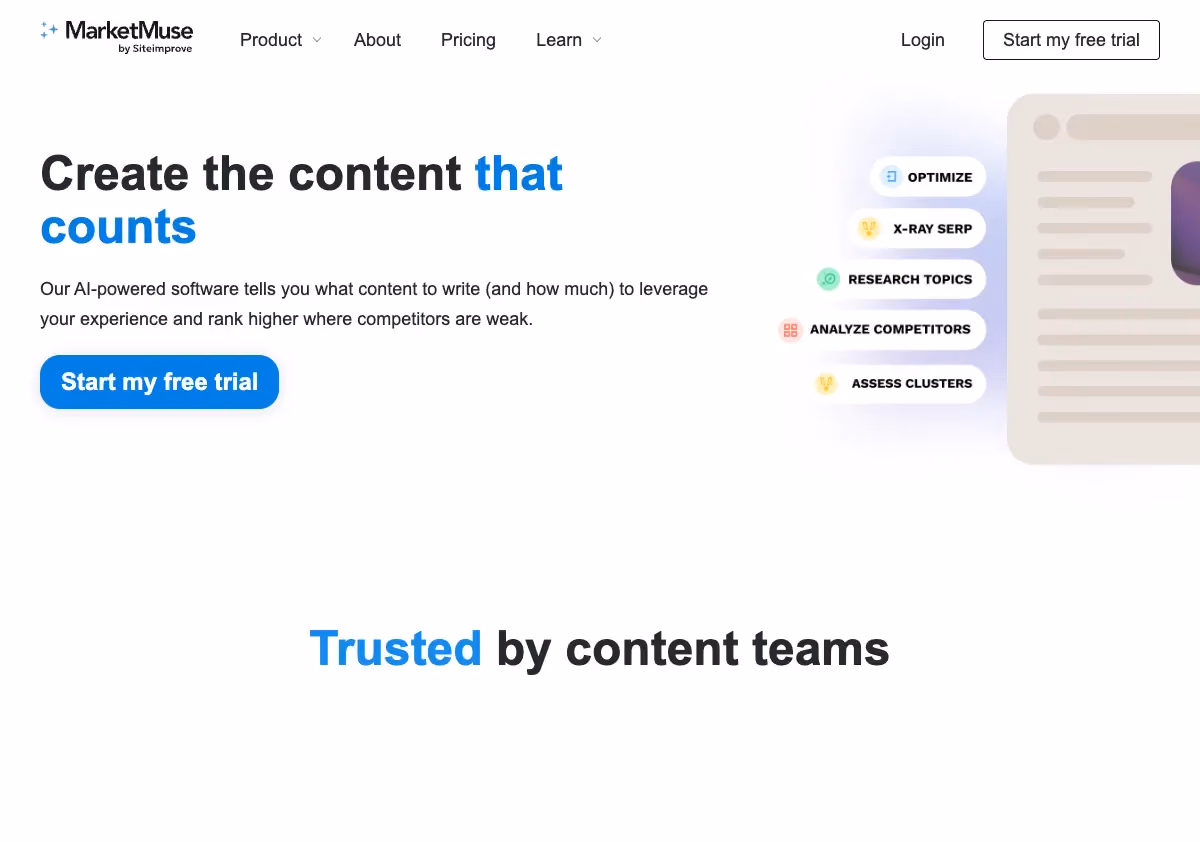 MarketMuse homepage screenshot showing AI content planning software
