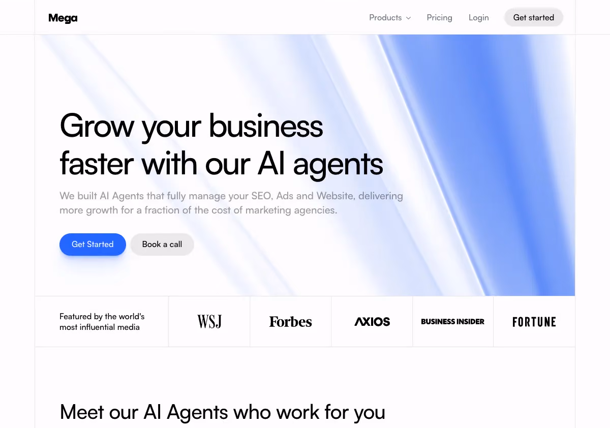Mega SEO Agent homepage screenshot showing AI-powered SEO software platform