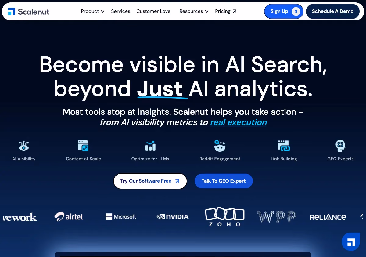Scalenut homepage screenshot showing AI SEO content production platform