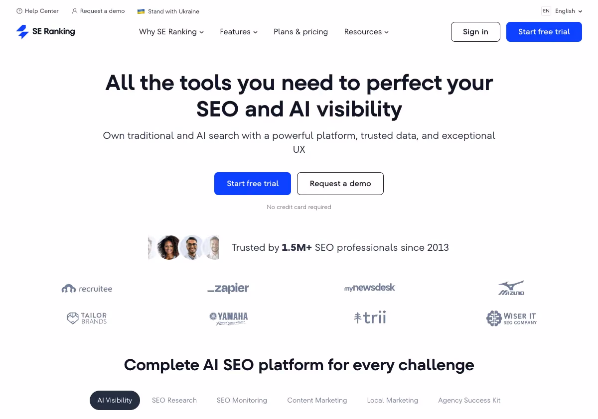 SE Ranking homepage screenshot showing AI SEO software tools