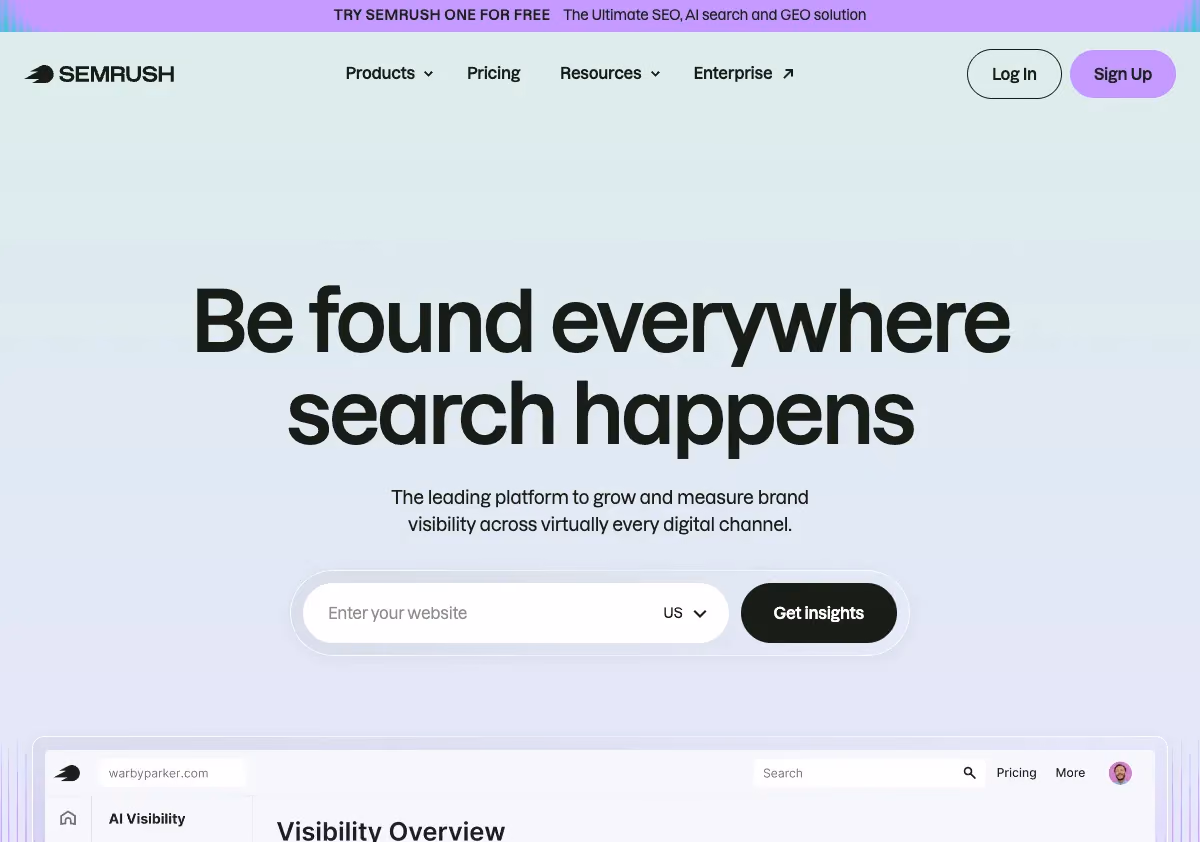 Semrush homepage screenshot showing AI SEO software research platform